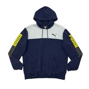 Puma Sweatshirt Mens Medium Navy White Fleece Lined Reverse Logo Pullover Hoodie